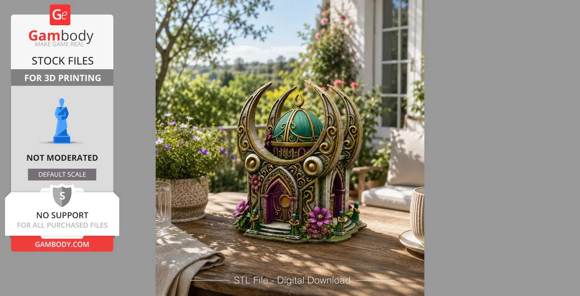 Intricate celestial-themed model with arches, floral accents, and ornate details, set on a wooden table.