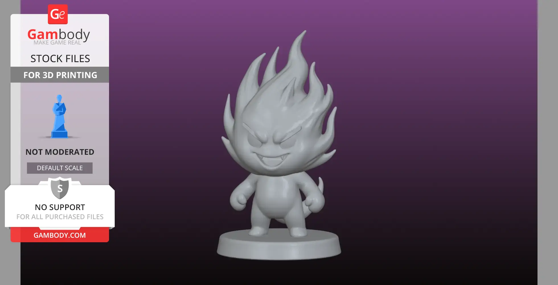 Cute flame character figure with a mischievous grin and spiky fire-like hair on a round base.