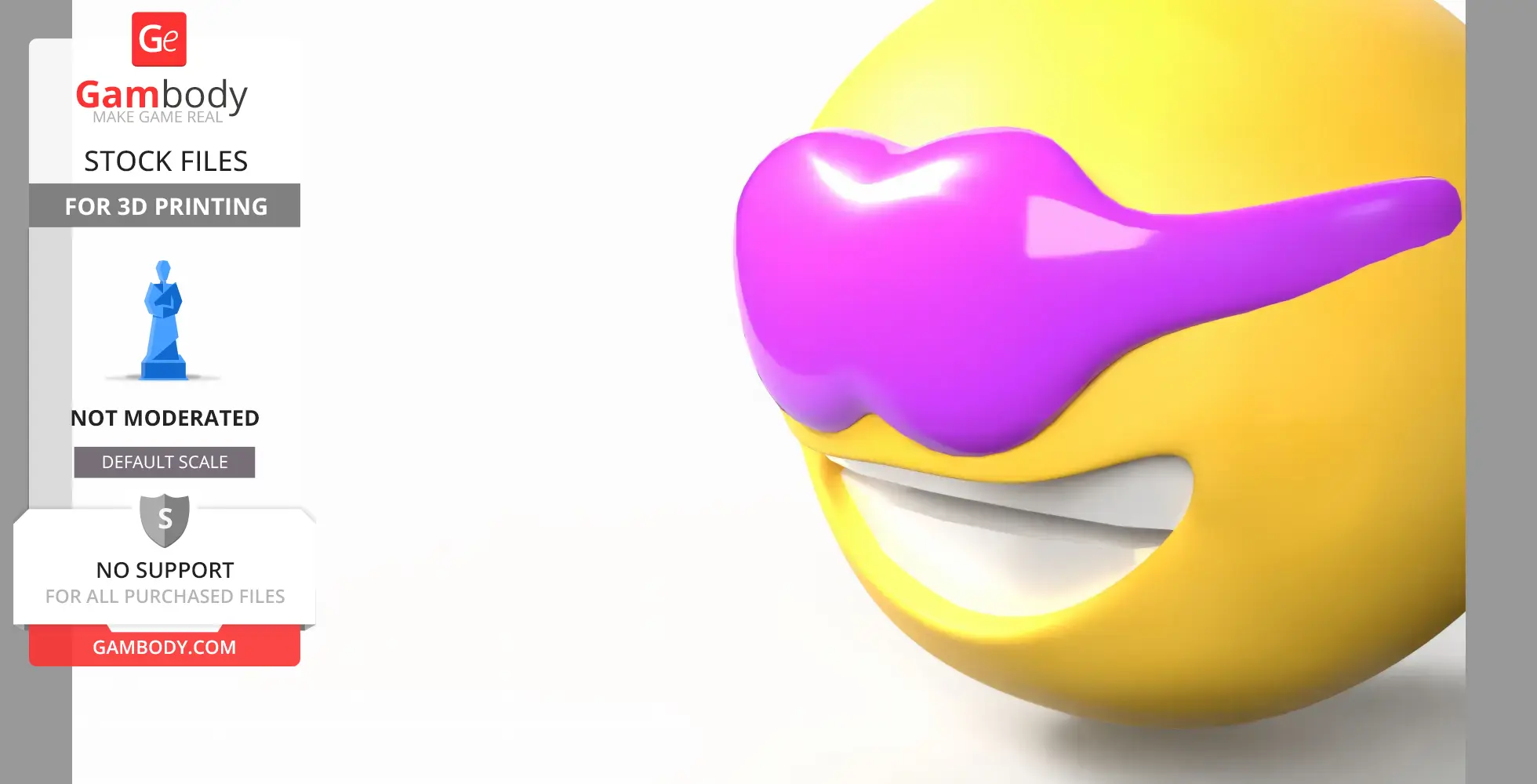 Yellow emoji with purple glasses and a wide smile, designed for 3D printing.