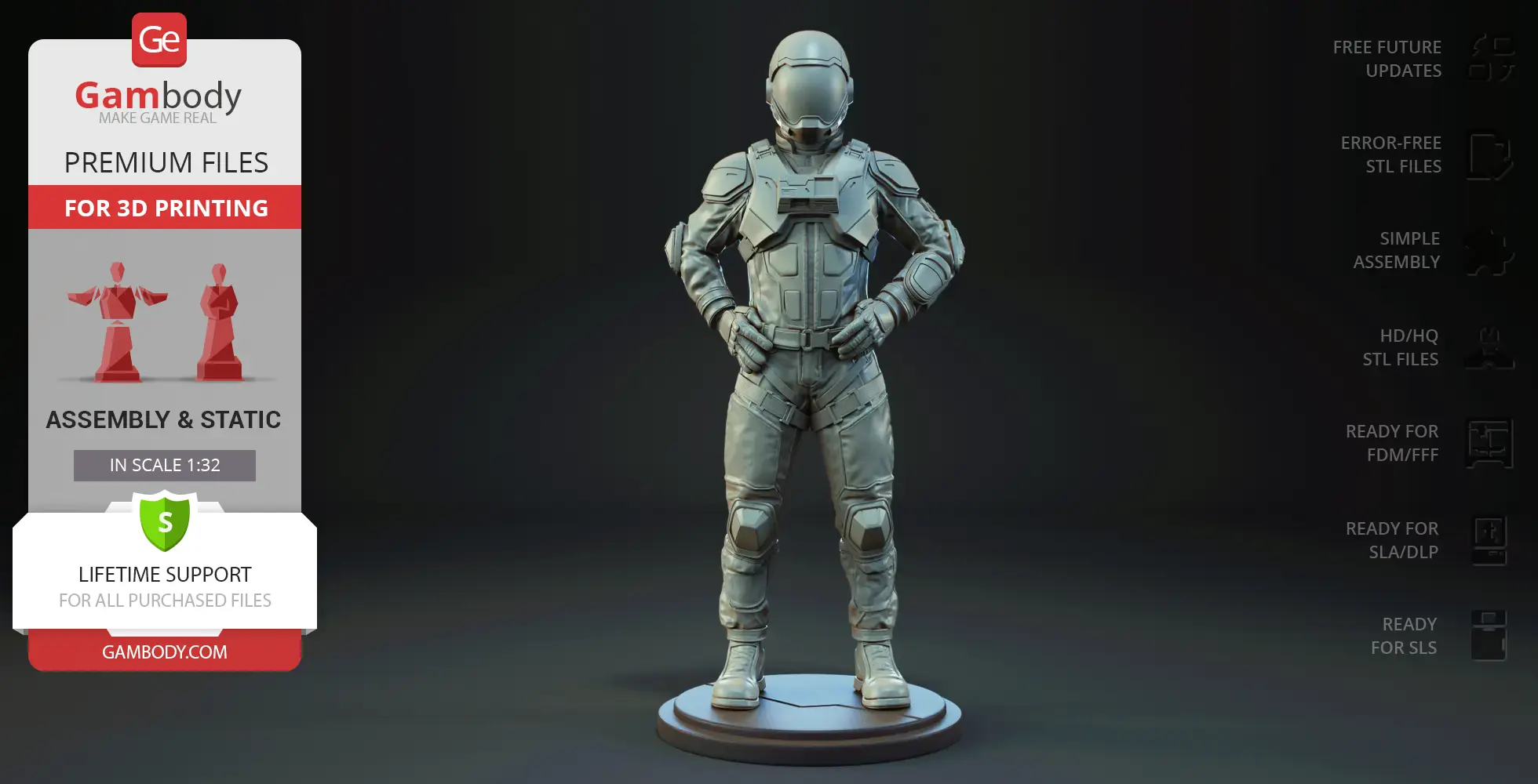 A detailed 3D model of a pilot in futuristic armor, standing with hands on hips, ready for 3D printing.