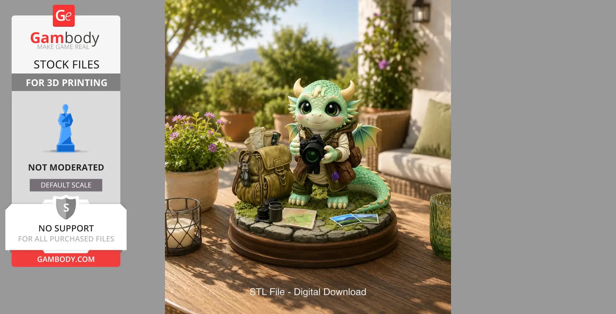 A cute baby dragon with a camera, standing beside travel gear on a scenic outdoor wooden table.