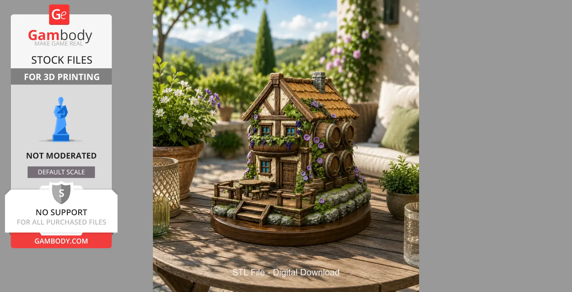 A detailed 3D model of a medieval fantasy wine cottage with barrels and greenery.