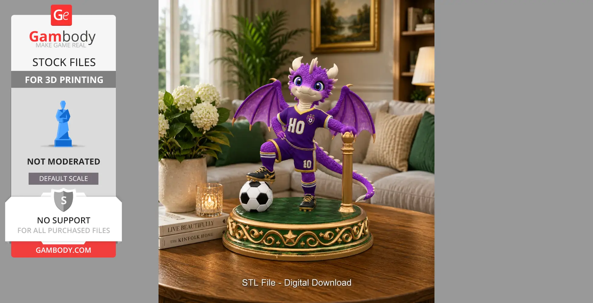 A cute purple dragon in a soccer uniform stands on a pedestal with a soccer ball.