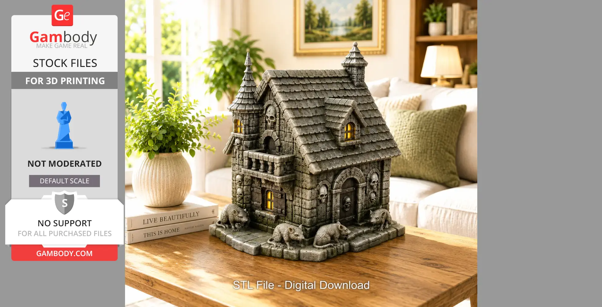 Stone cottage model with rats, skulls, and glowing windows on a table in a cozy living room.