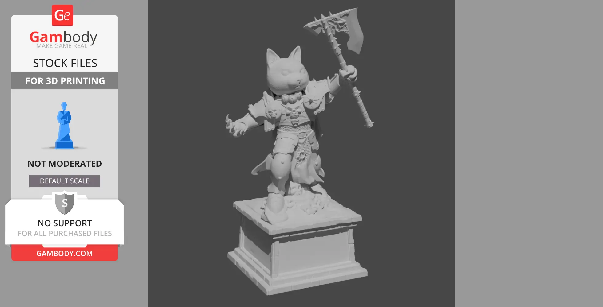 Armored cat warrior holding a spiked axe on a pedestal, ready for action.