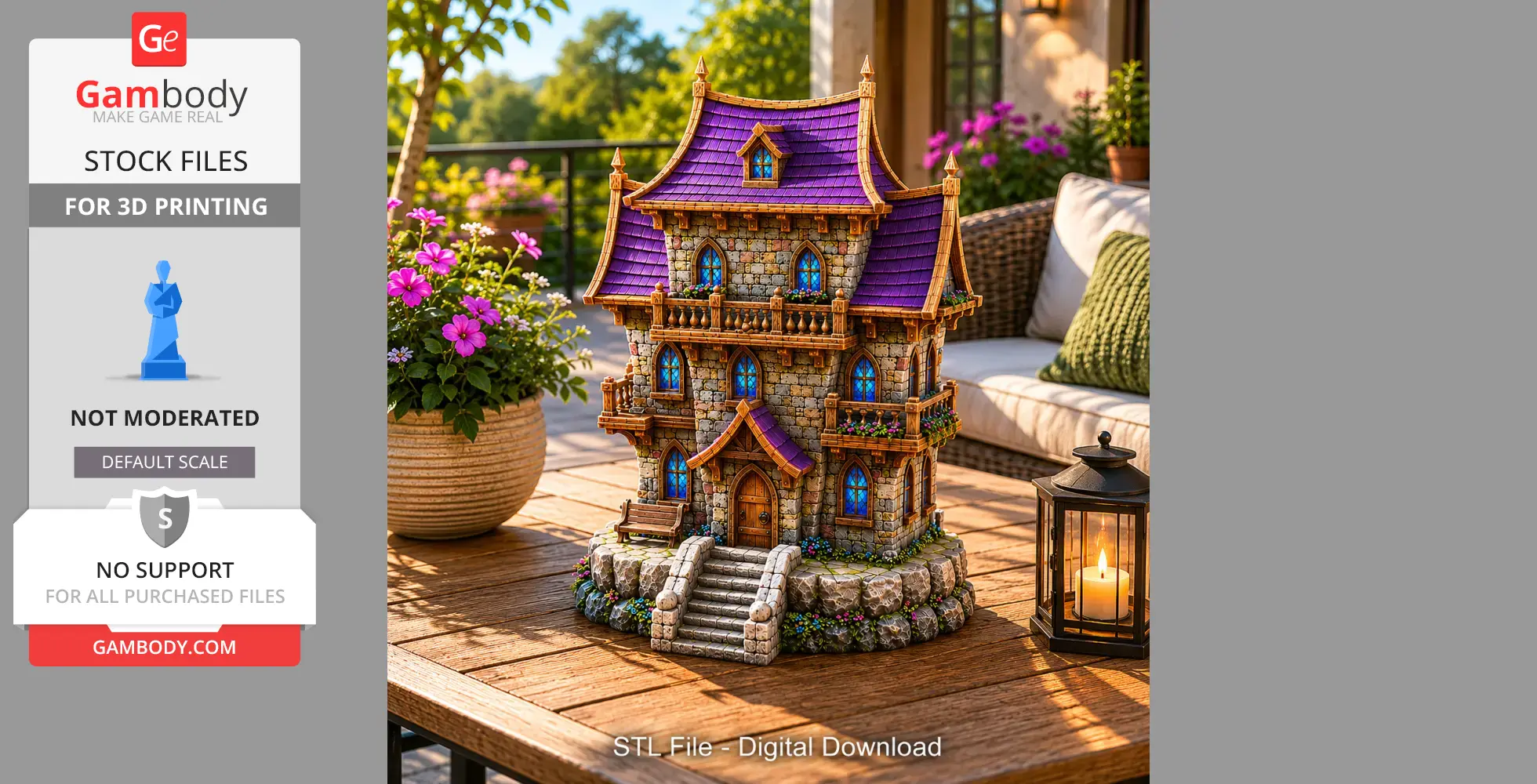 Miniature fantasy medieval house with purple roof on a table, surrounded by flowers and a candle lantern.