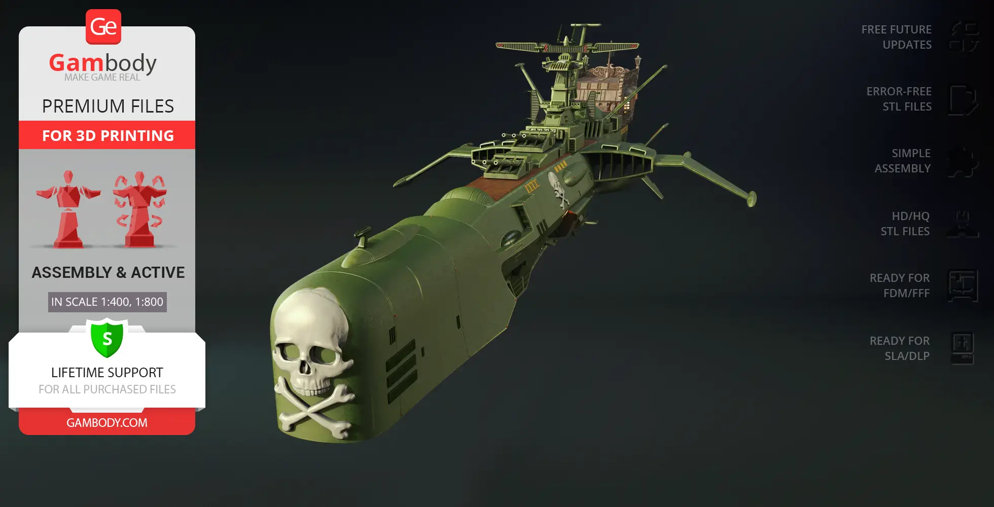 3D model of a green battleship with skull and crossbones on the bow, designed for 3D printing.