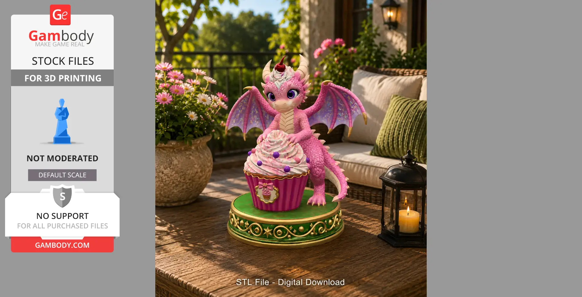 A cute pink dragon perched on a cupcake with decorative frosting and colored sprinkles.