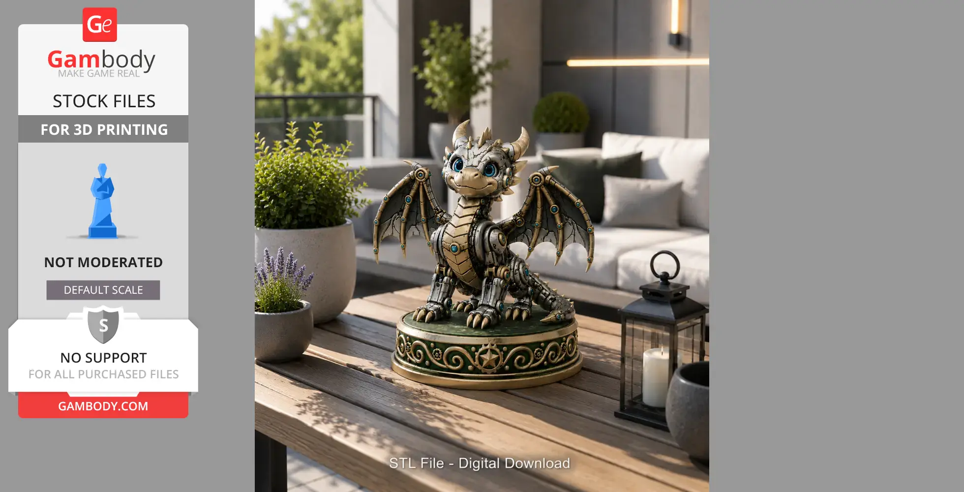 A mechanical fantasy dragon figure with intricate details, gold accents, and blue eyes on a decorative base.