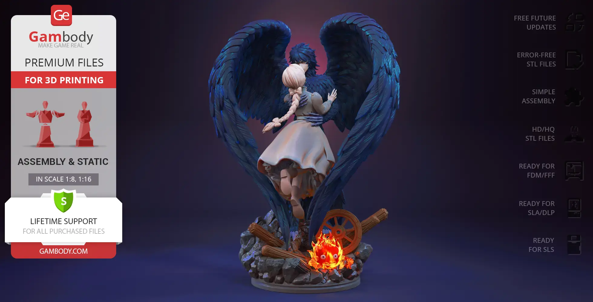 A pair embracing amid large wings, with a fiery creature near wooden debris below.