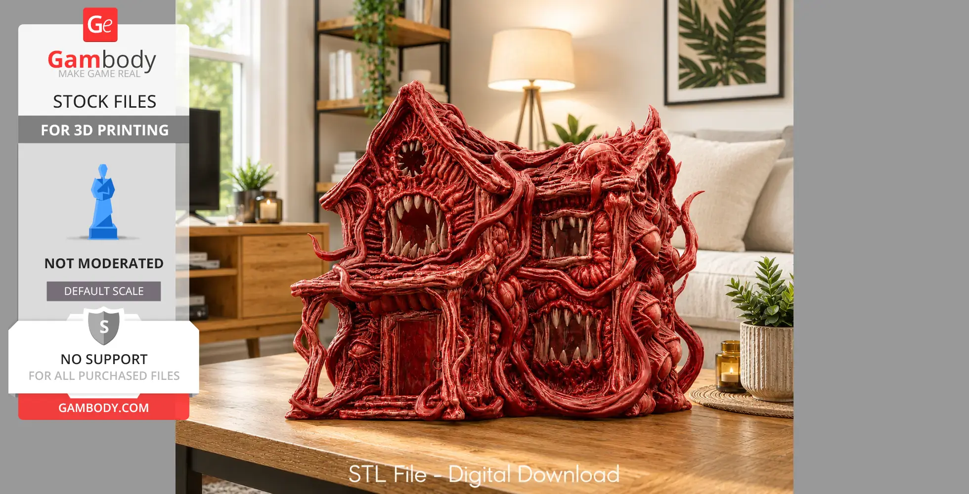 A grotesque red house model with monster faces, featuring sharp teeth and tentacle-like growths.