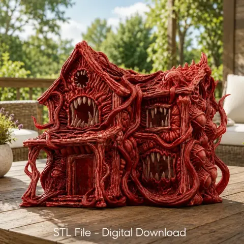 Grotesque, fleshy cottage with mouths and tendrils, resembling a monstrous organic structure.