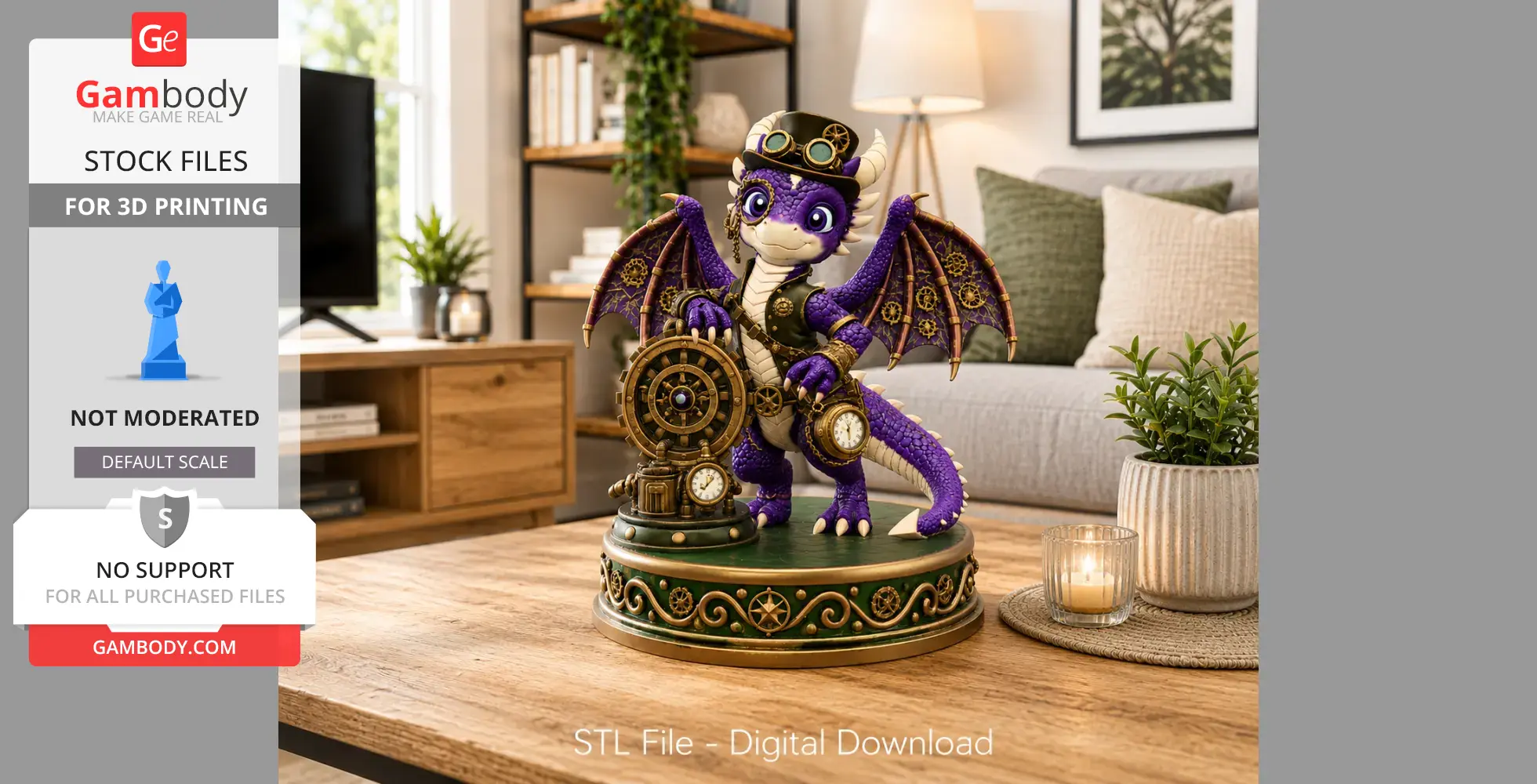 Purple dragon with steampunk elements and gears on a circular base, displayed on a wooden table.