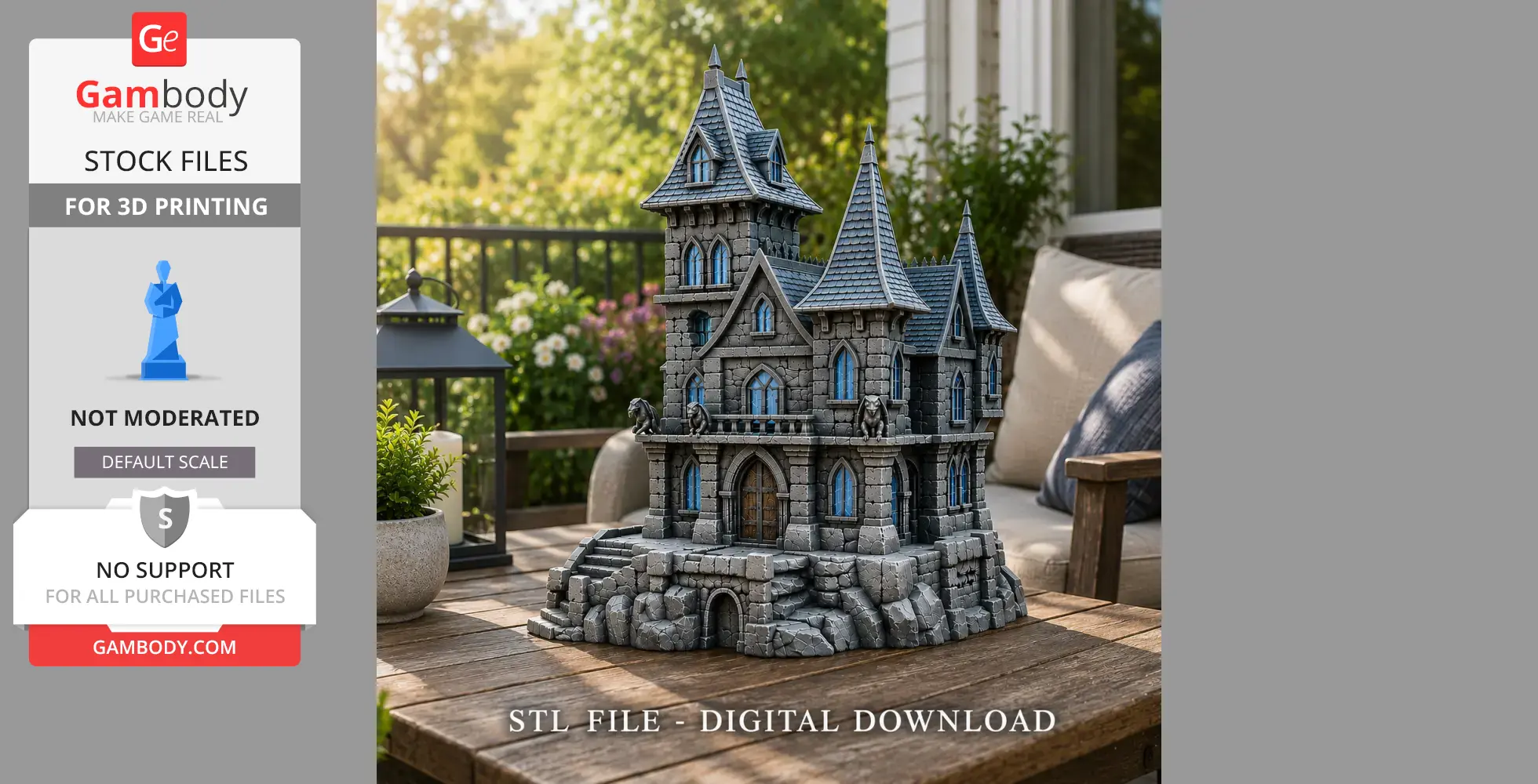 A detailed 3D model of a dark fantasy castle with towers and stone textures, set on a wooden table outdoors.
