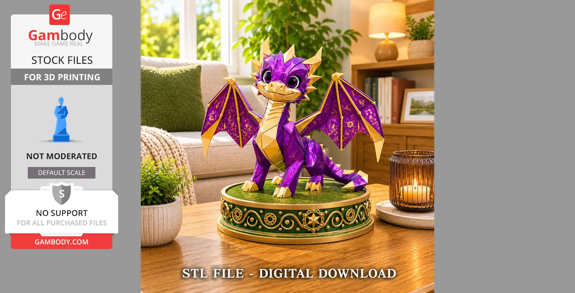 A purple and gold origami-style baby dragon figurine on a decorative base.
