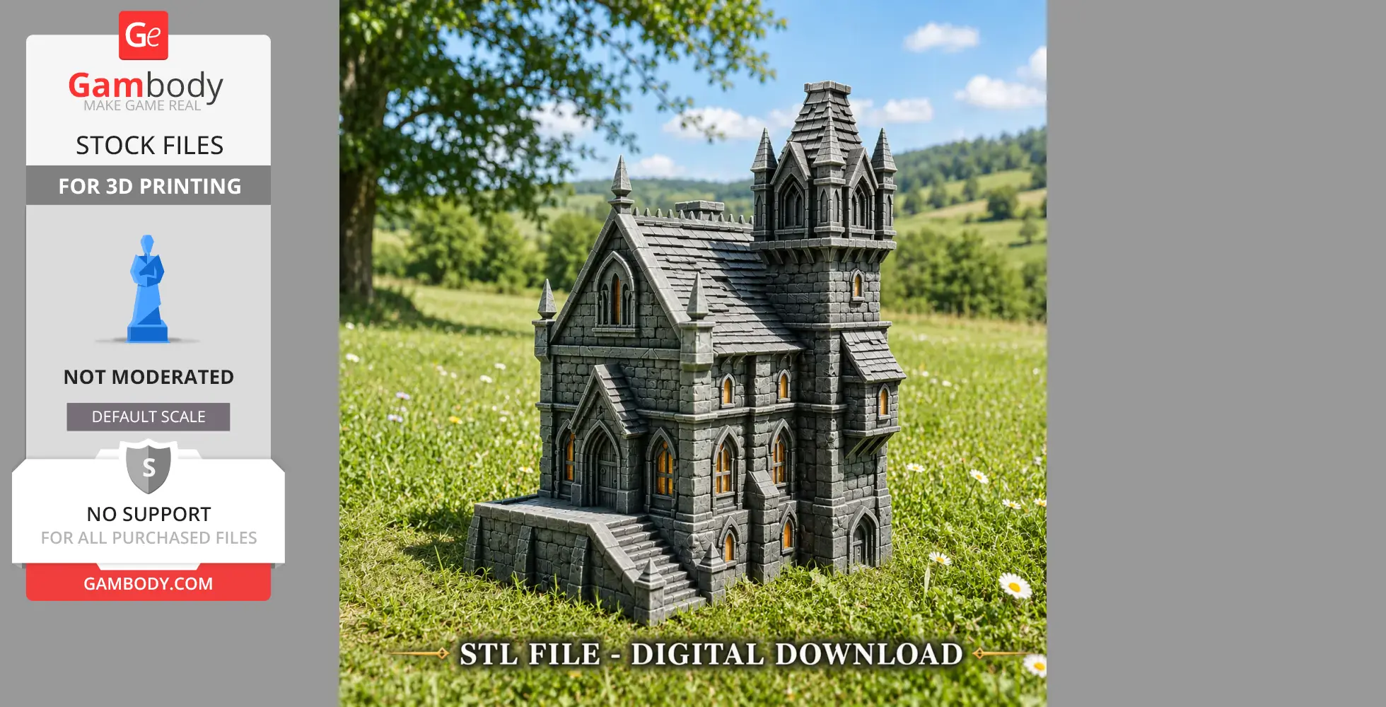 A detailed, gray Gothic manor model with spires and arched windows, set on grassy terrain.