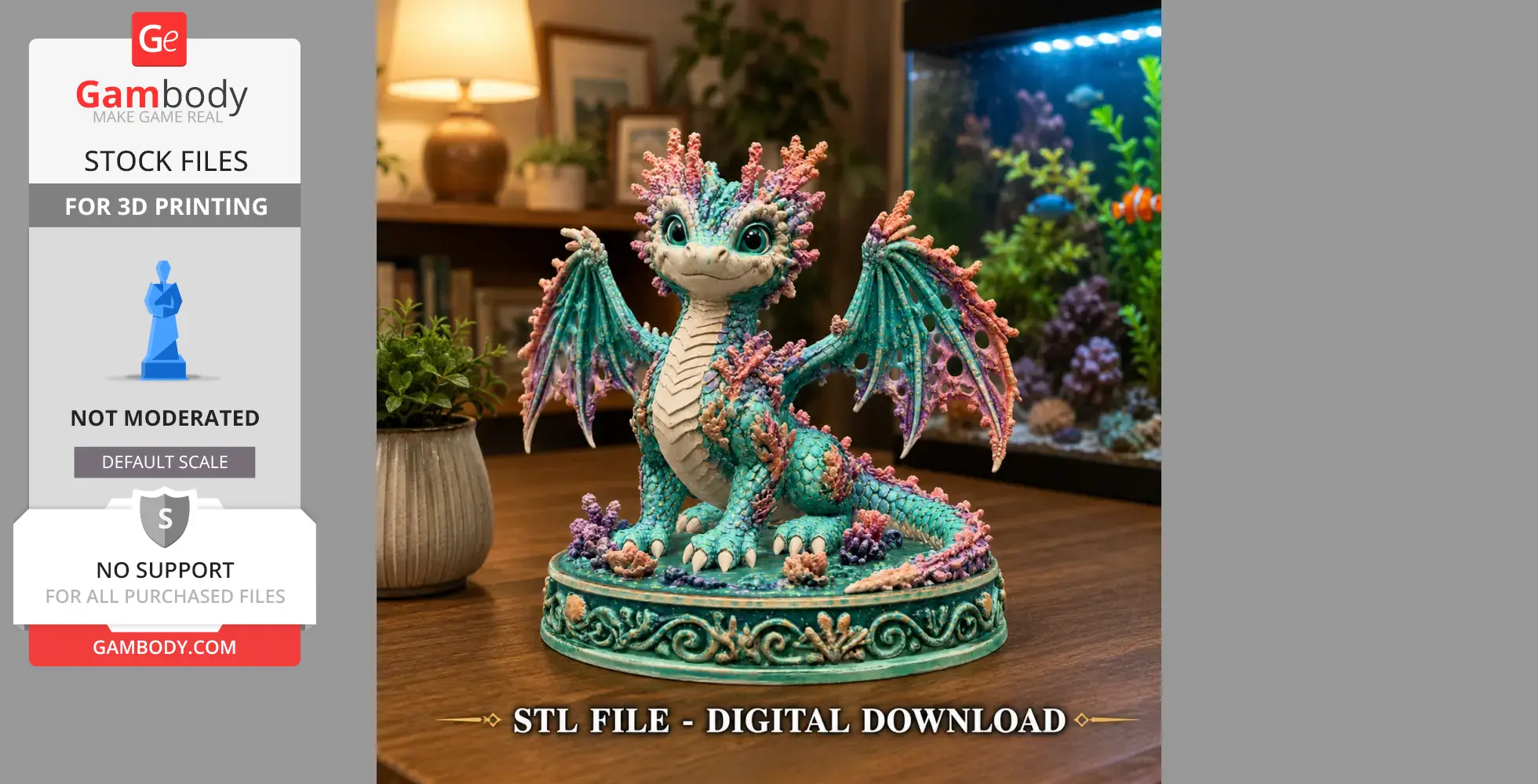 A colorful baby dragon with coral-like features sits on an ornate base, displayed in a room setting.