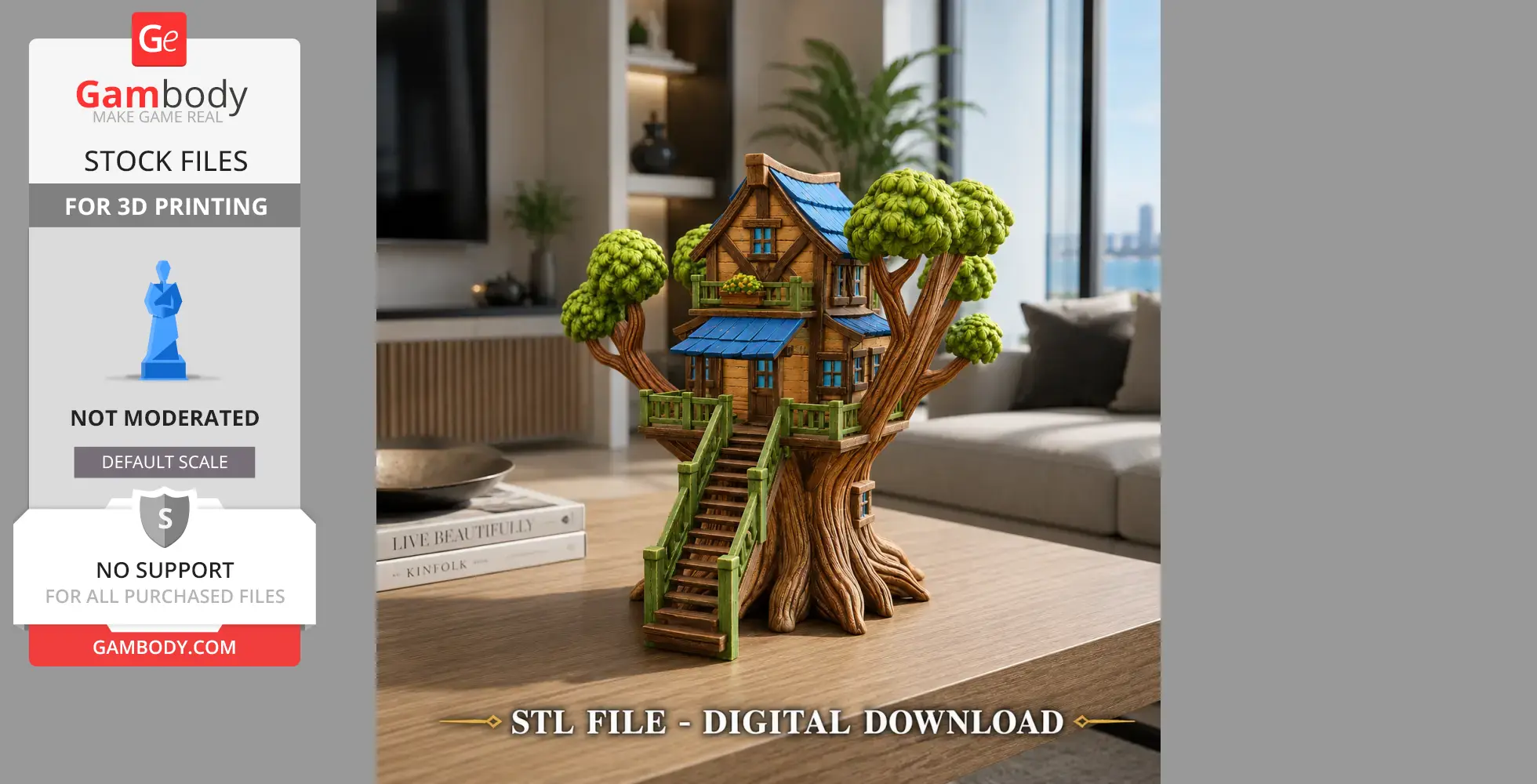 A detailed fantasy treehouse model with a wooden staircase and blue roof, set in a cozy living room.