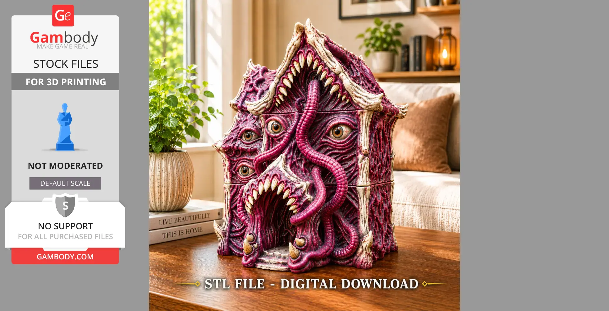 A Lovecraftian-style building with multiple eyes, sharp teeth, and tentacles in a monstrous design.