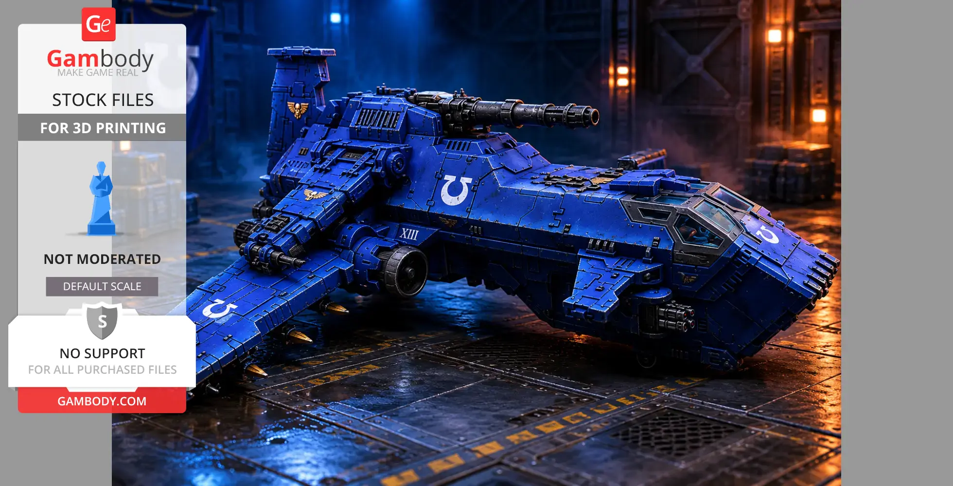 Futuristic blue gunship with heavy armament and sleek design, set in an industrial hangar.