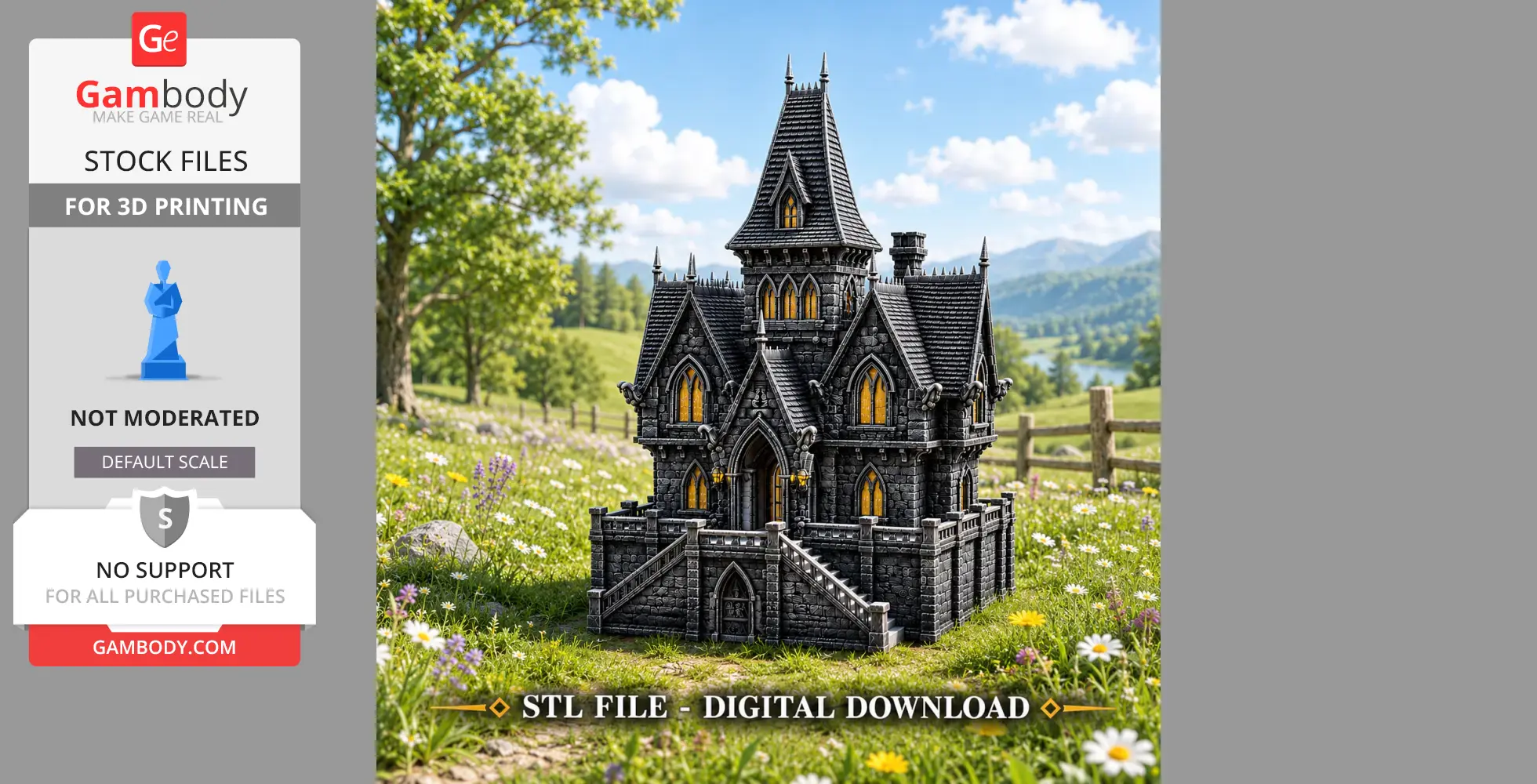 A detailed dark fantasy mansion model with spires and illuminated windows, set in a vibrant field.