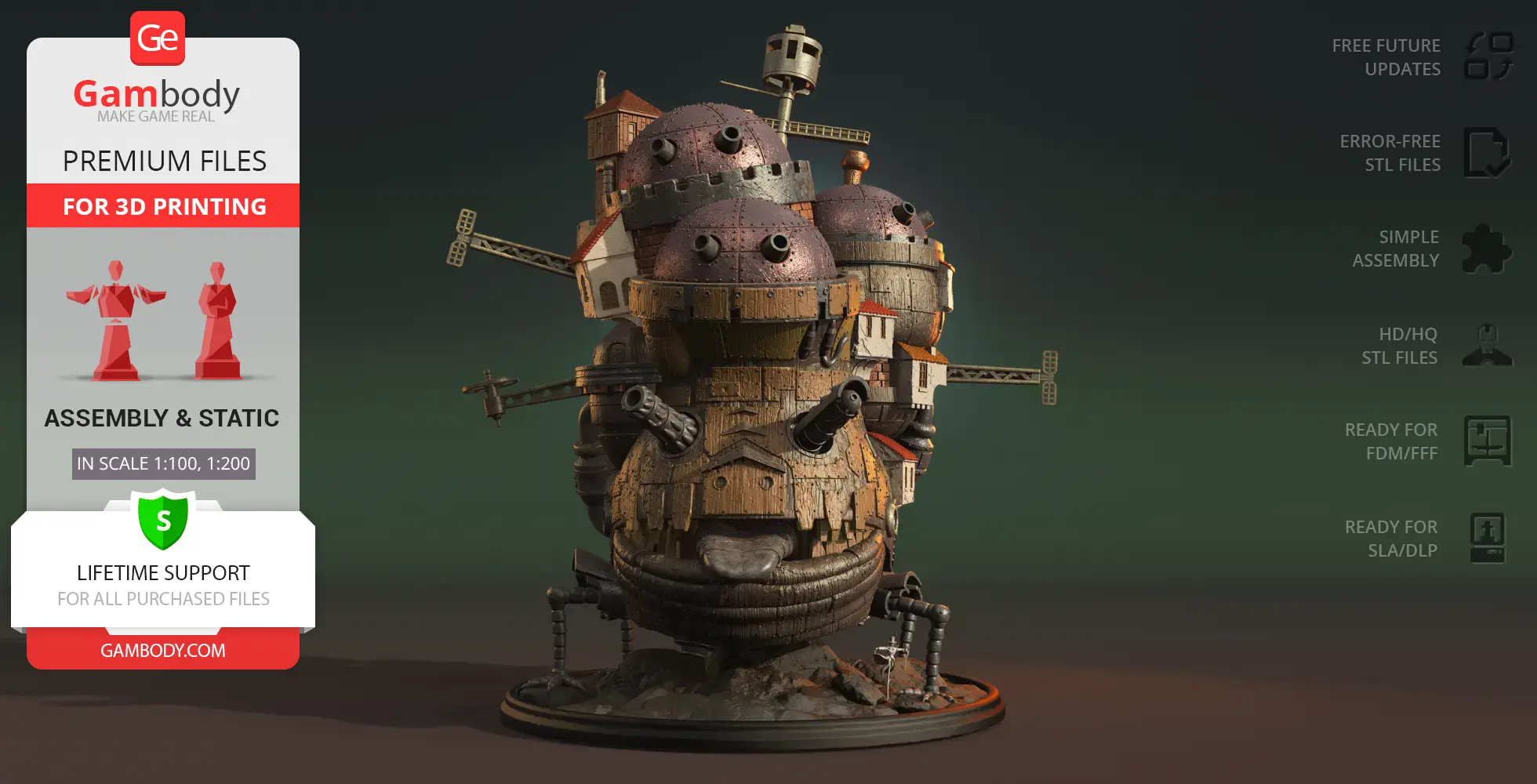 Detailed 3D model of Howl's Moving Castle with intricate structures and mechanical features for printing.