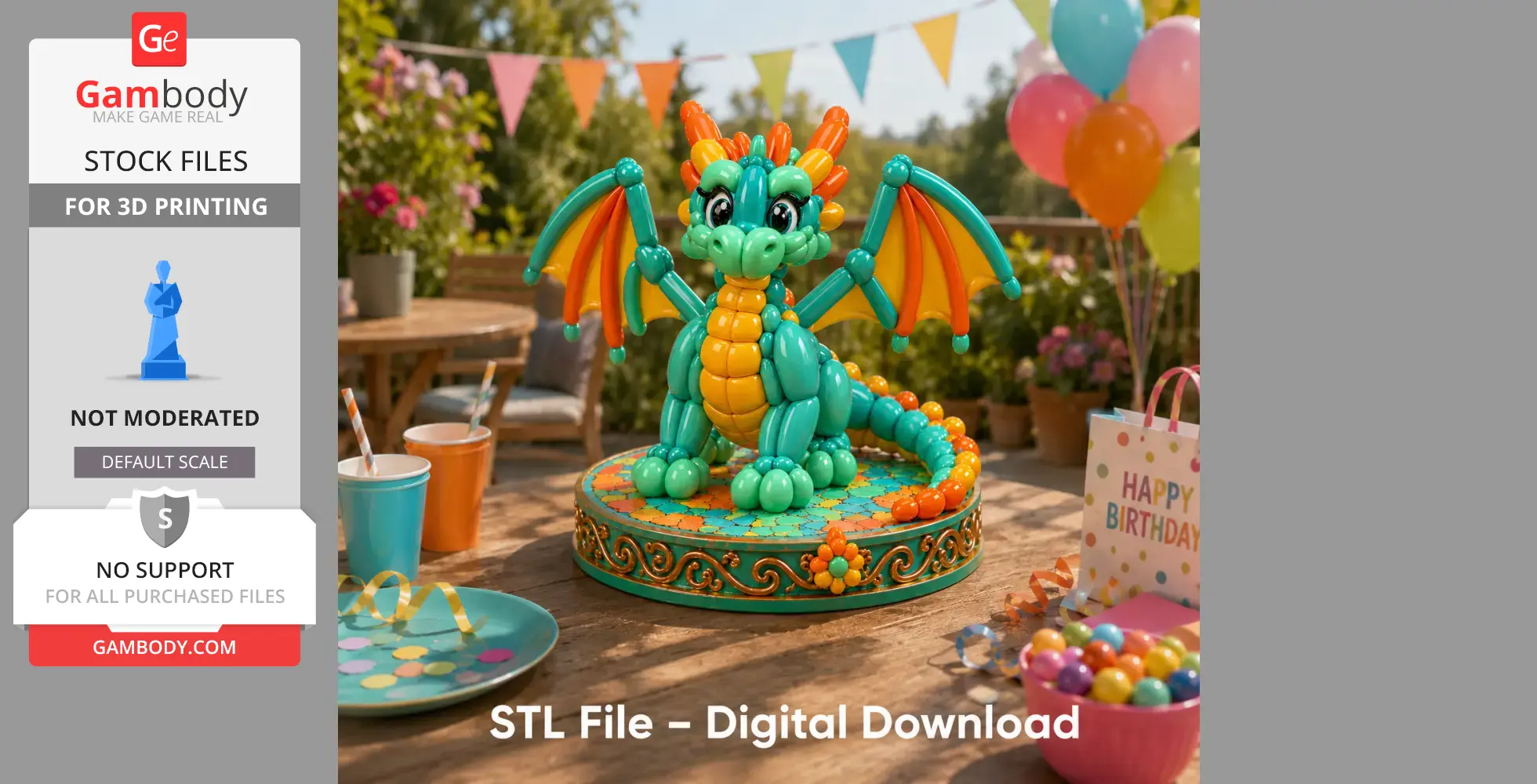 A colorful balloon-style dragon on a decorative base, surrounded by birthday party items outdoors.