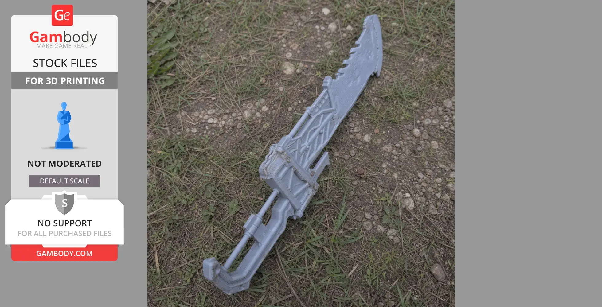 A detailed, jagged-edged sword model from Monster Hunter lying on grass and dirt.