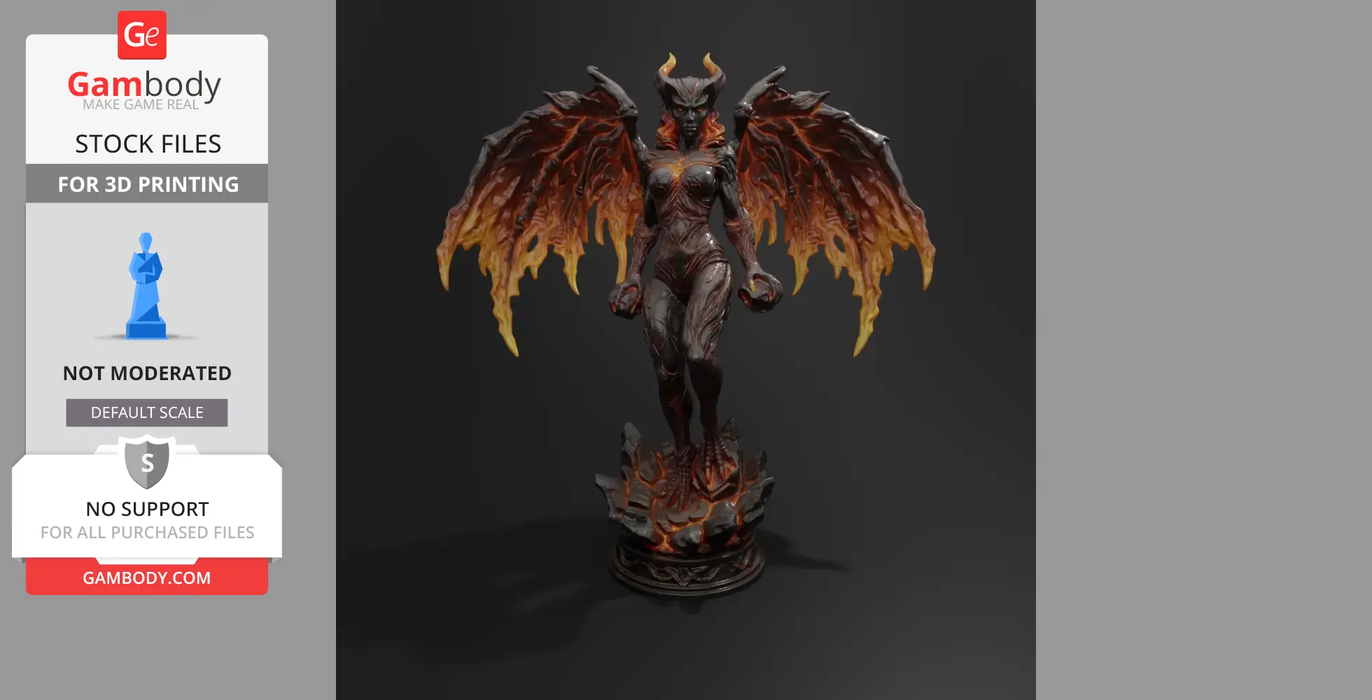 A dark fantasy demon queen with horns and fiery wings, standing on a rocky base.