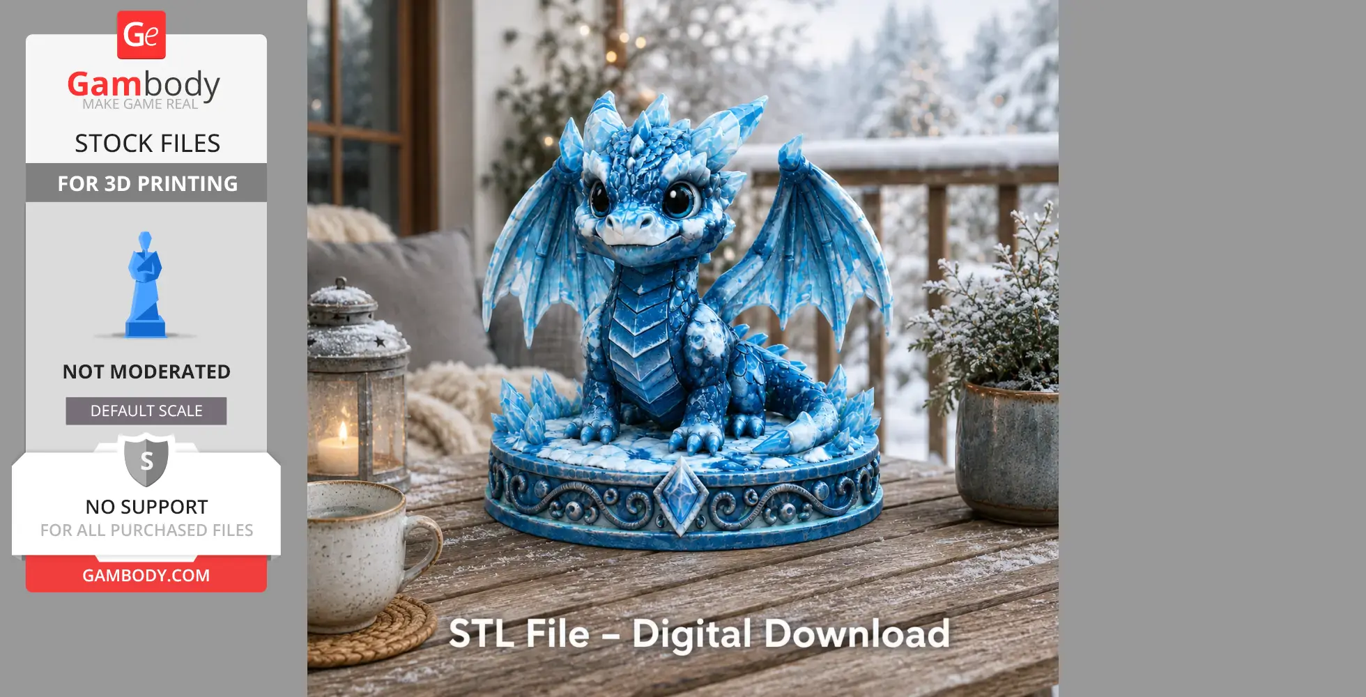 Blue crystal-like baby dragon figurine with detailed wings, sitting on an ornate base.