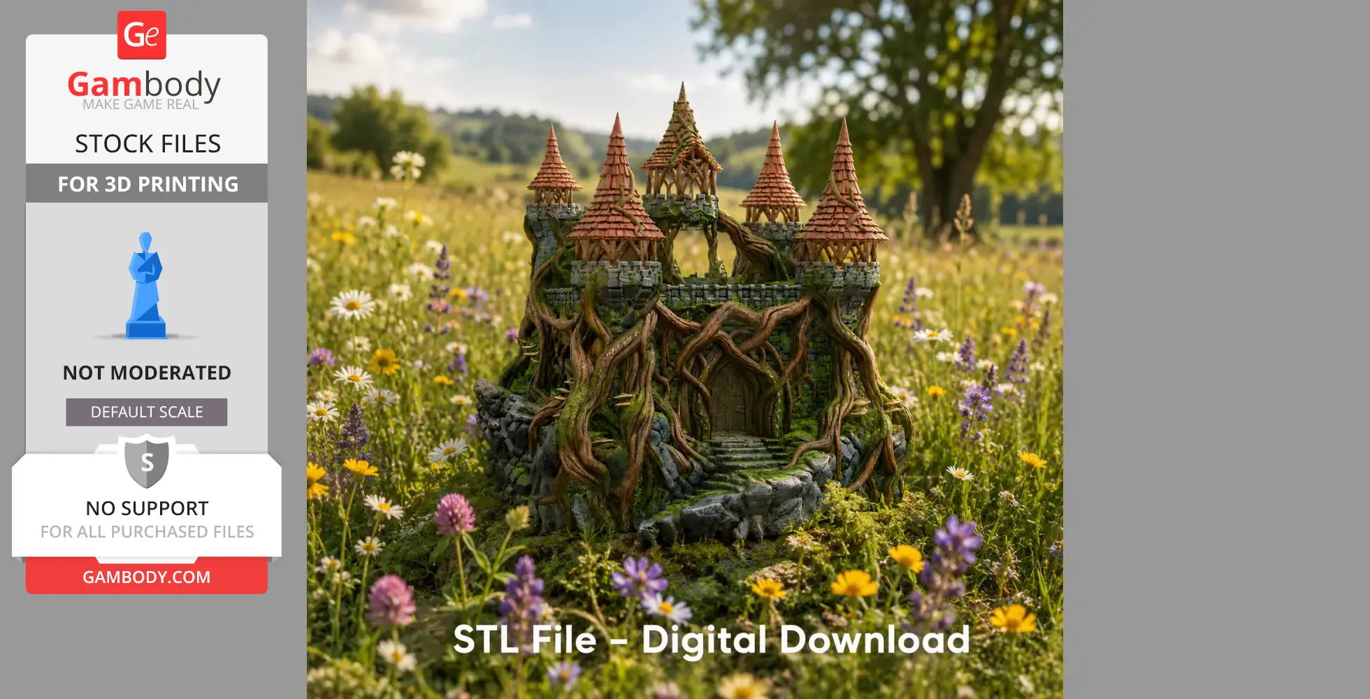 Miniature fantasy fortress with tree roots and turrets, set among wildflowers in a meadow.