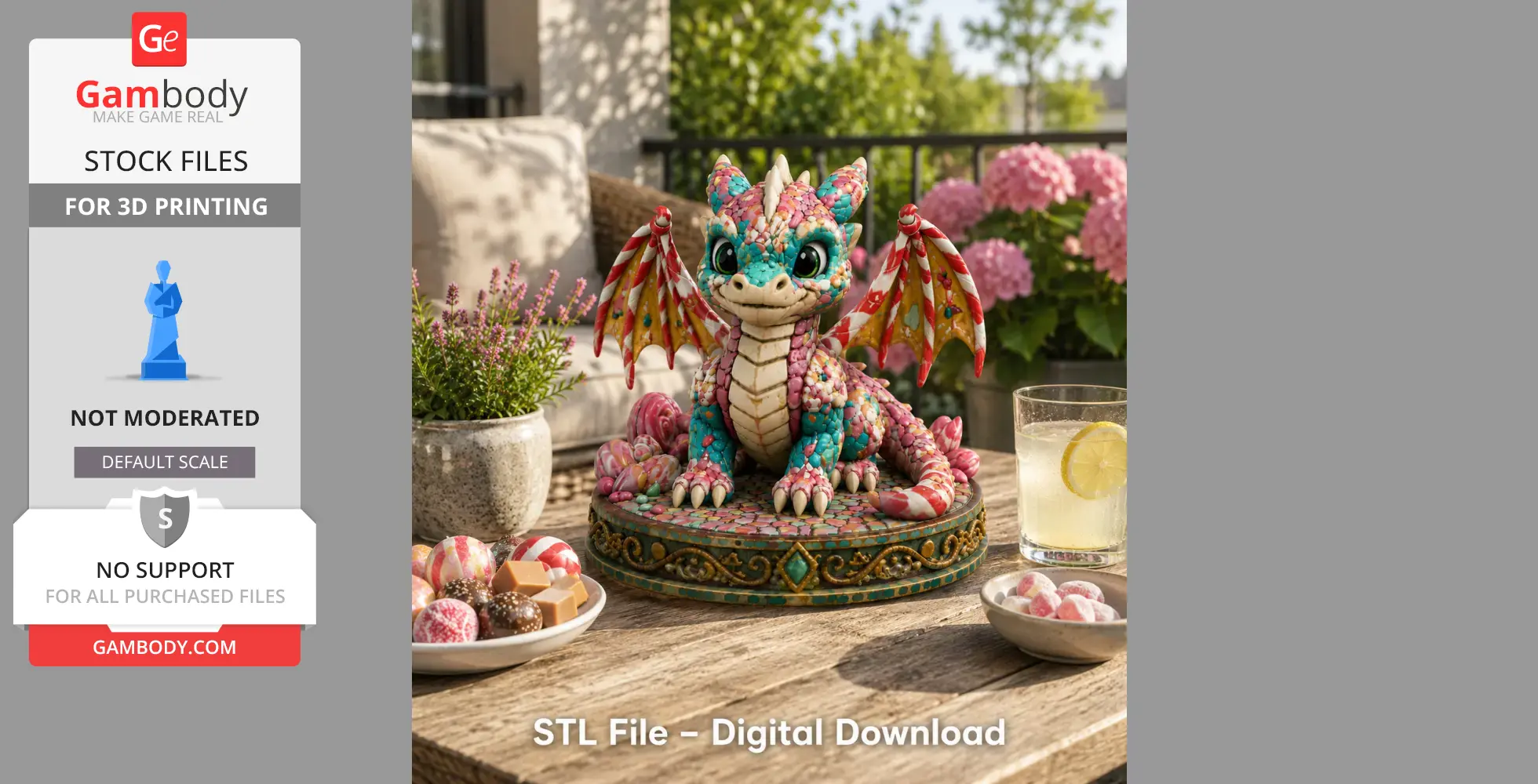 Colorful baby dragon model with candy-like texture on a decorative base, surrounded by snacks and a drink.