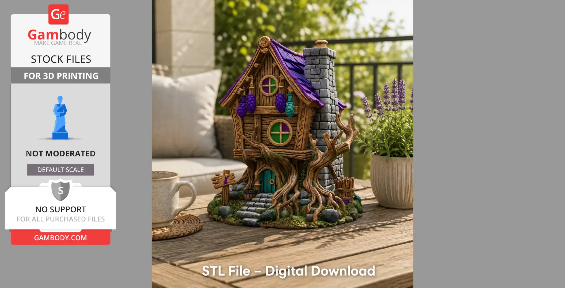 Charming 3D model of a whimsical vineyard cottage with grape decor, tree roots, and a stone chimney.