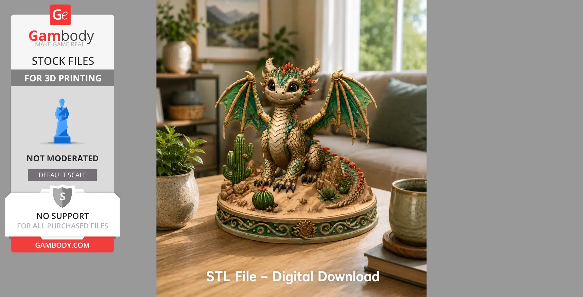 Cute desert dragon model with vibrant wings sits among cacti on a decorative base, ready for 3D printing.