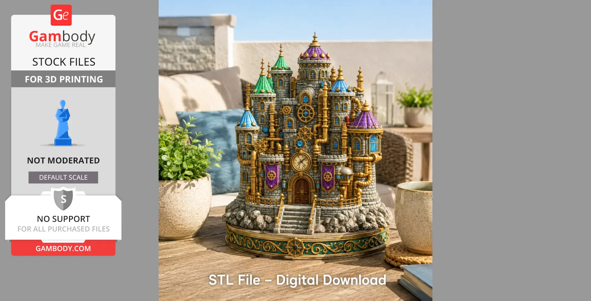 A colorful, ornate steampunk castle model with gears and domes on a decorative base.