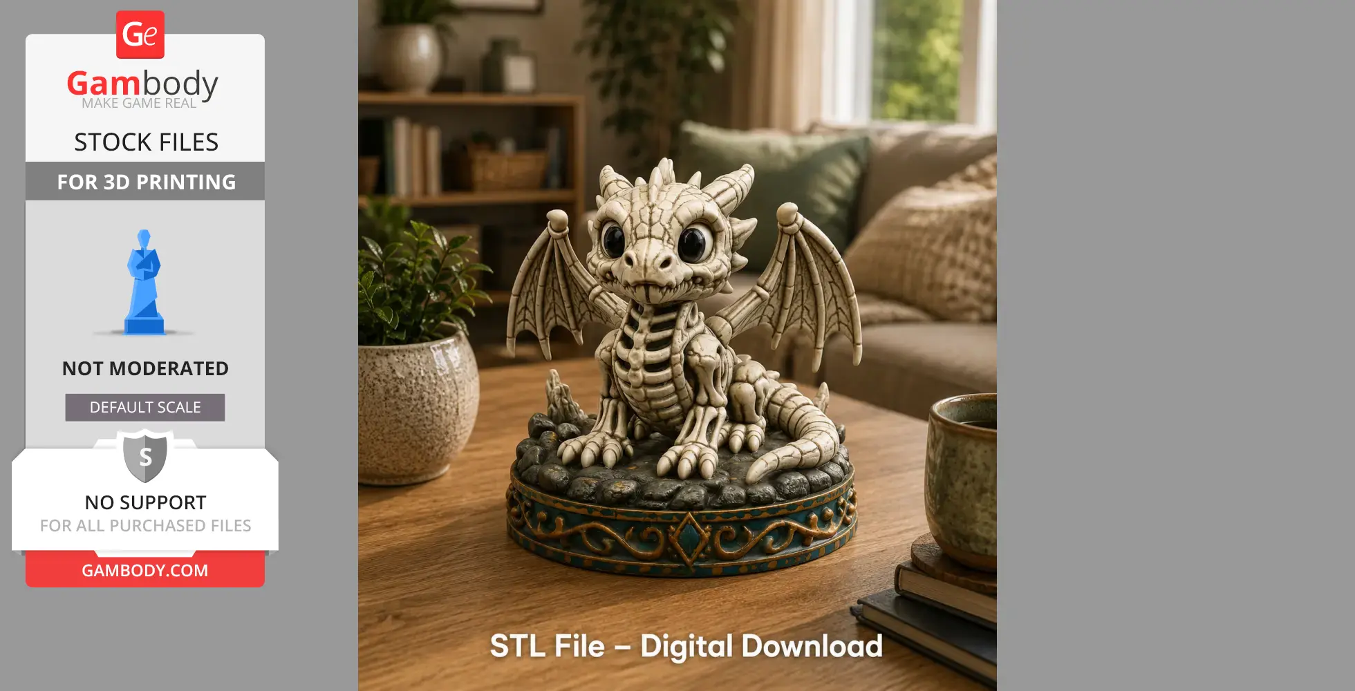Cute baby skeleton dragon figurine with big eyes, perched on a decorative base, set in a cozy room.