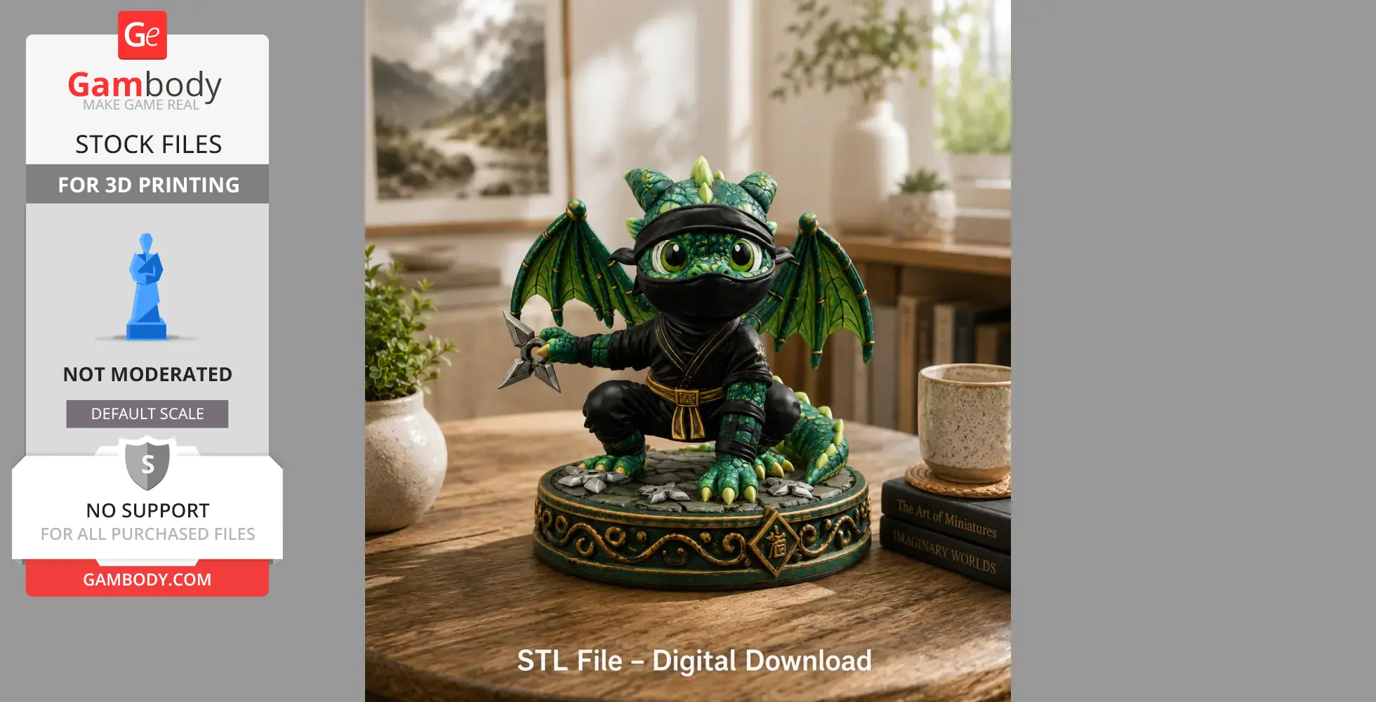 Cute dragon in ninja attire with a shuriken, sitting on a decorated base.