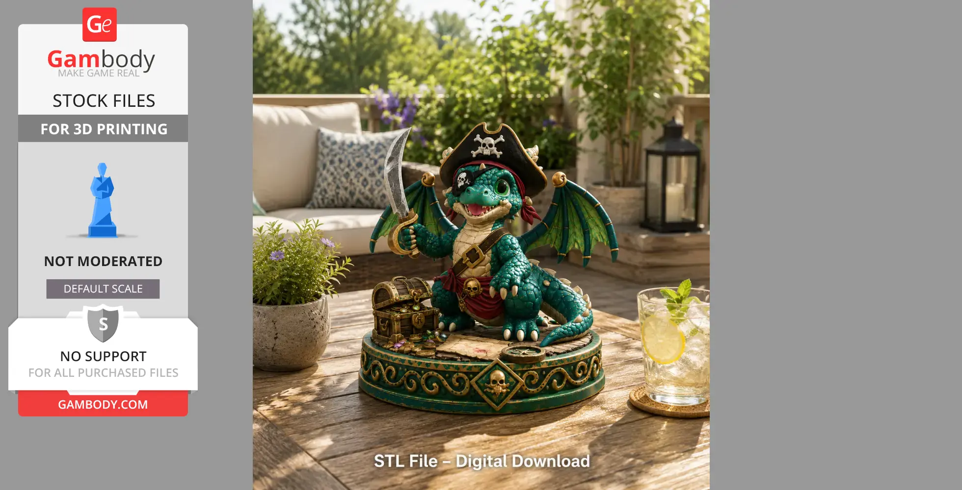 A cute dragon dressed as a pirate with a sword, treasure chest, and pirate hat on a decorative base.