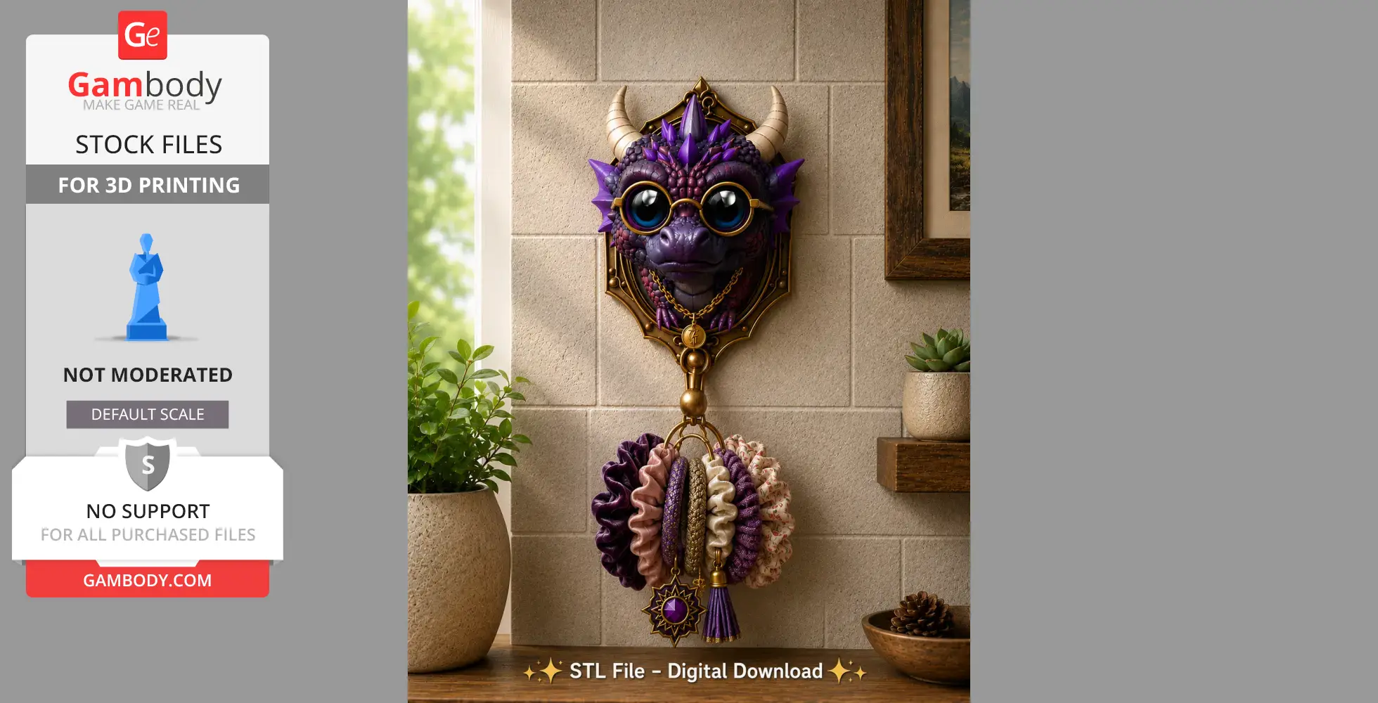 Purple dragon head with glasses as a wall-mounted key holder, adorned with decorative scrunchies.
