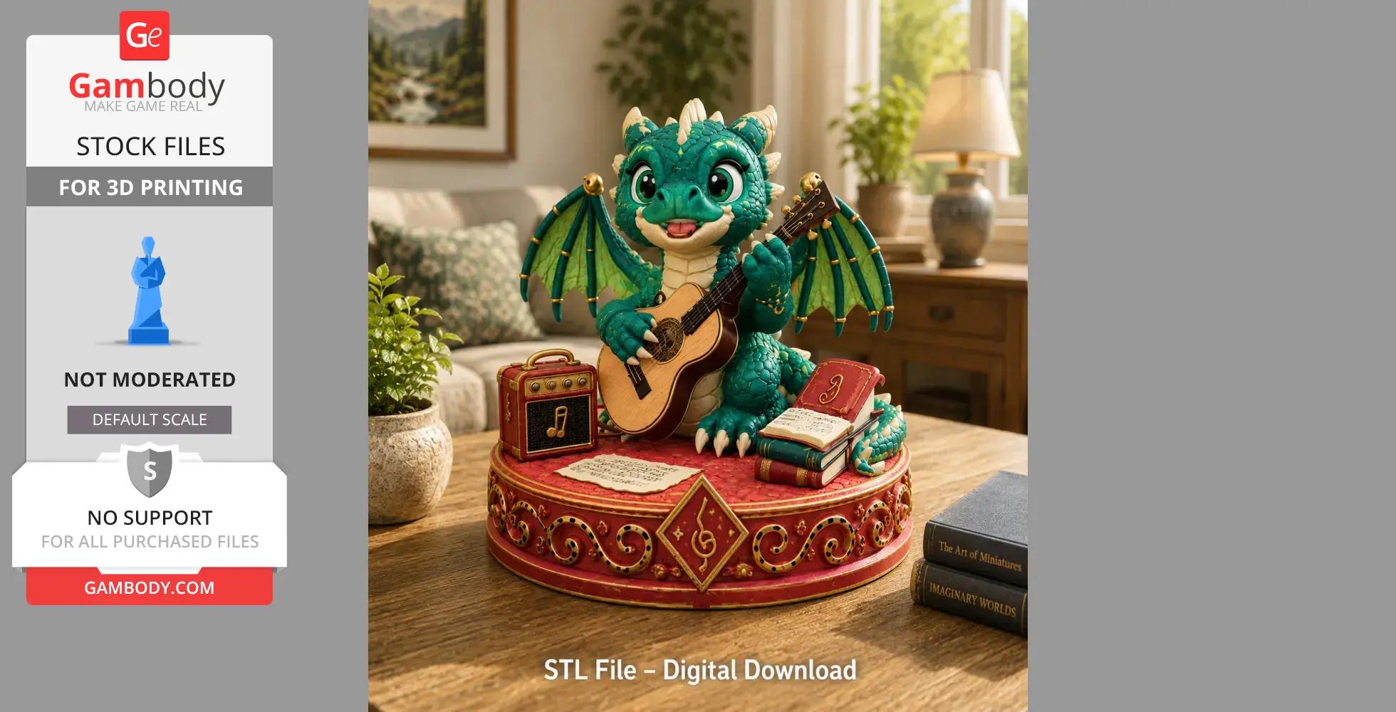 A cute baby dragon playing a guitar, surrounded by musical books and a small amplifier on a decorative platform.