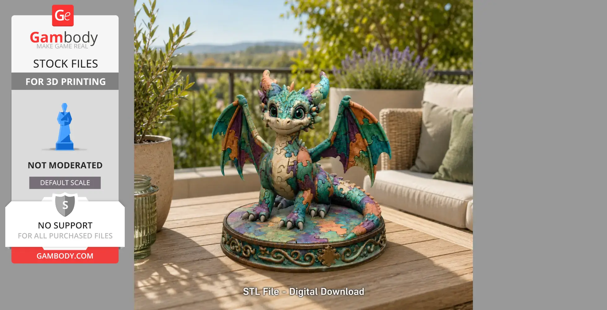Colorful mosaic dragon model with wings and a playful expression on a round decorated base.