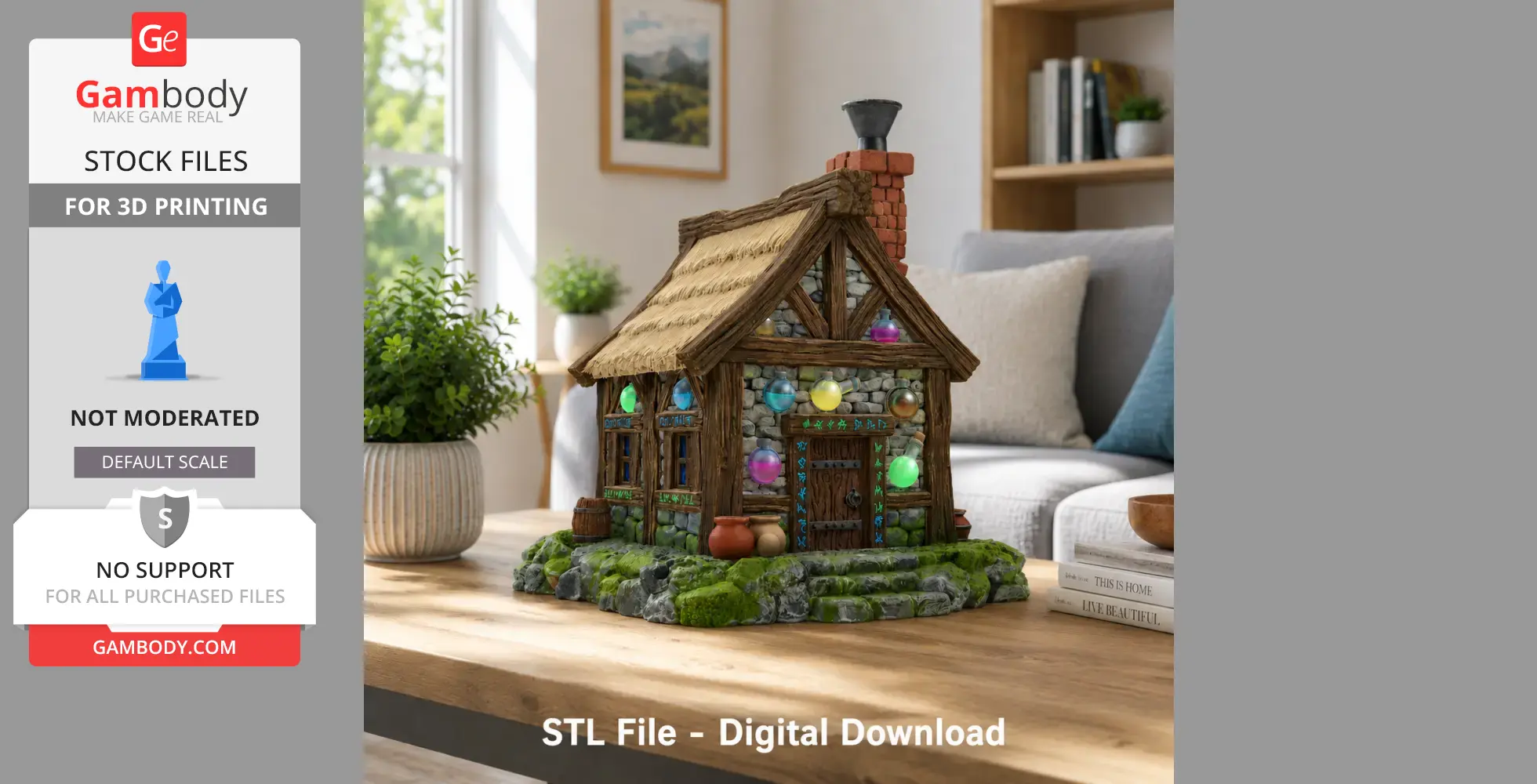 Fantasy Alchemist Cottage model with colorful orbs and rustic design on a wooden table.