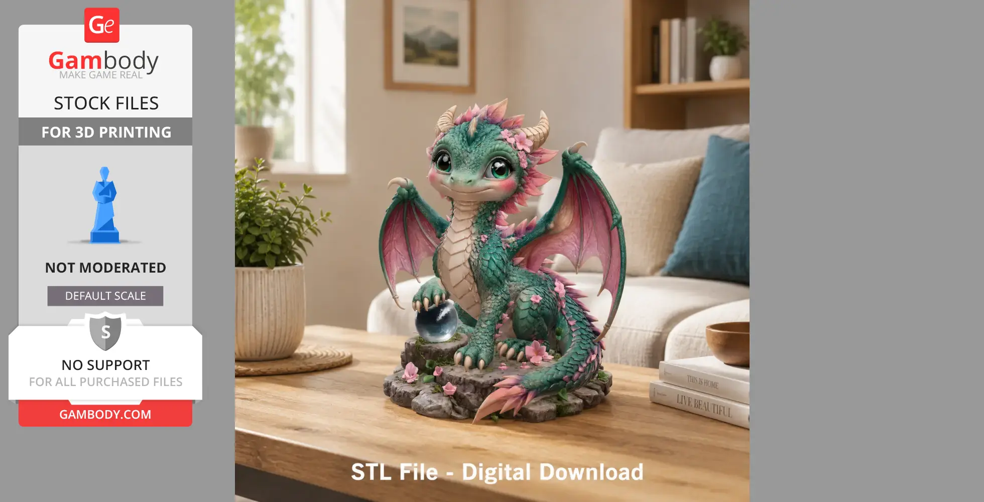 Cute baby dragon with teal scales, pink wings, and floral details, holding a blue orb, sitting on a table.