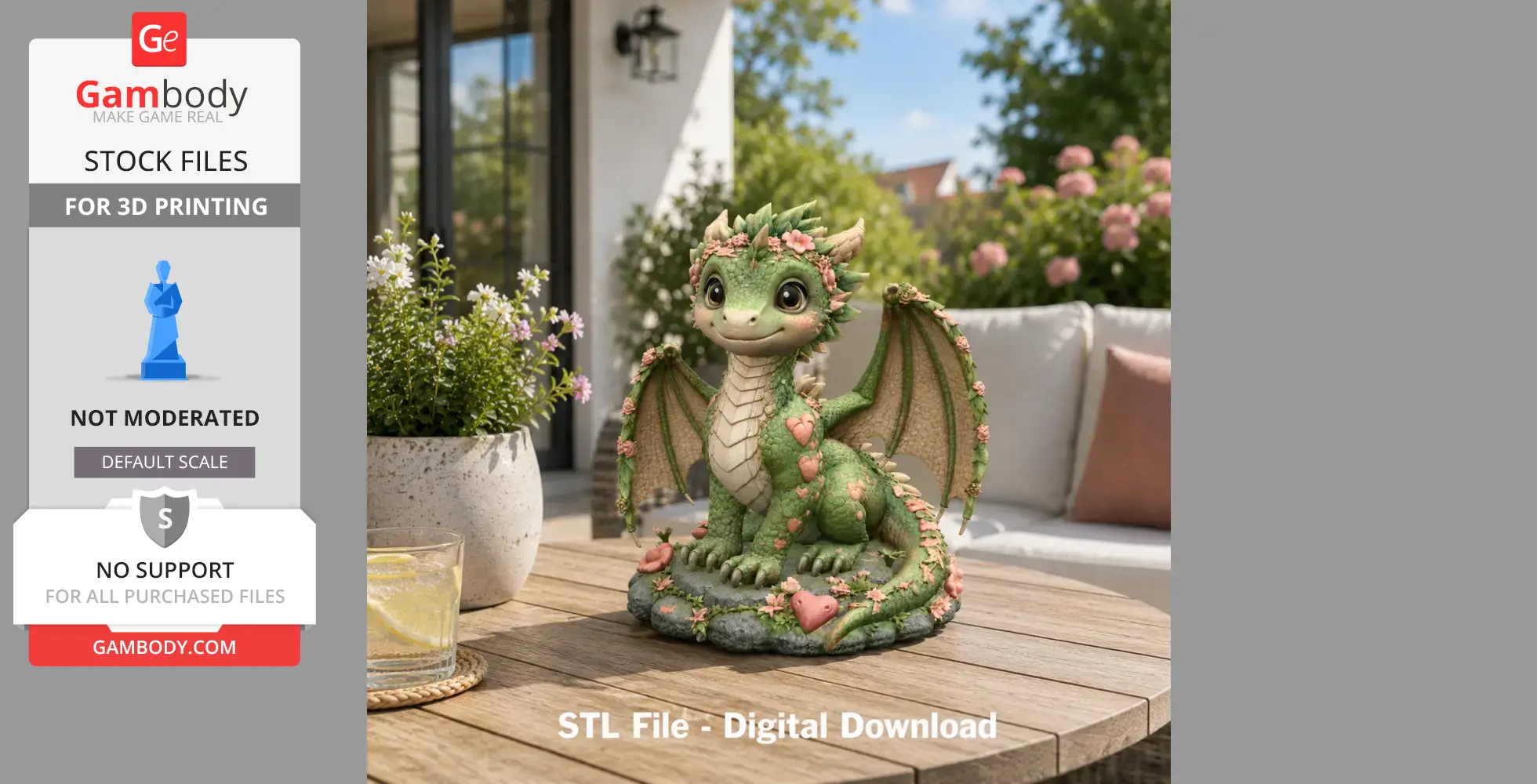 A cute green dragon figurine adorned with pink flowers and hearts, sitting on a wooden table outdoors.