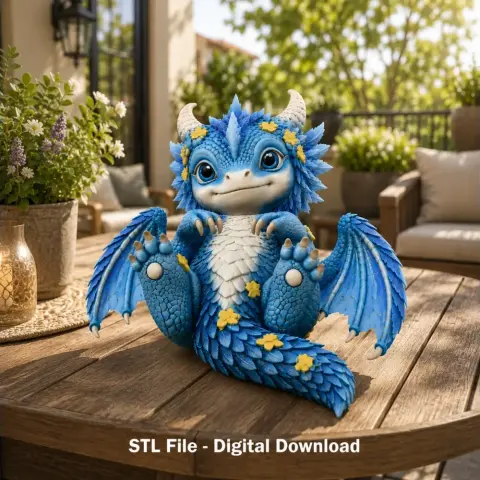 Cute blue baby dragon with yellow flowers, sitting on a wooden table outdoors.