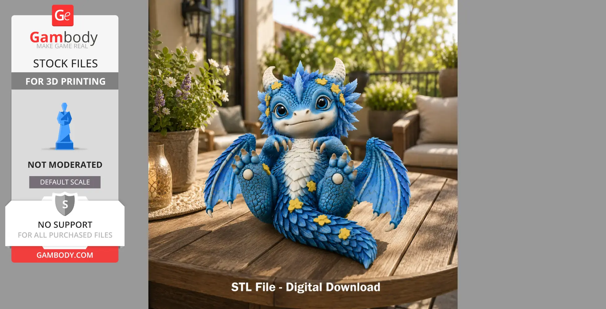 Adorable blue baby dragon with flowers, sitting on a wooden table in a cozy outdoor setting.