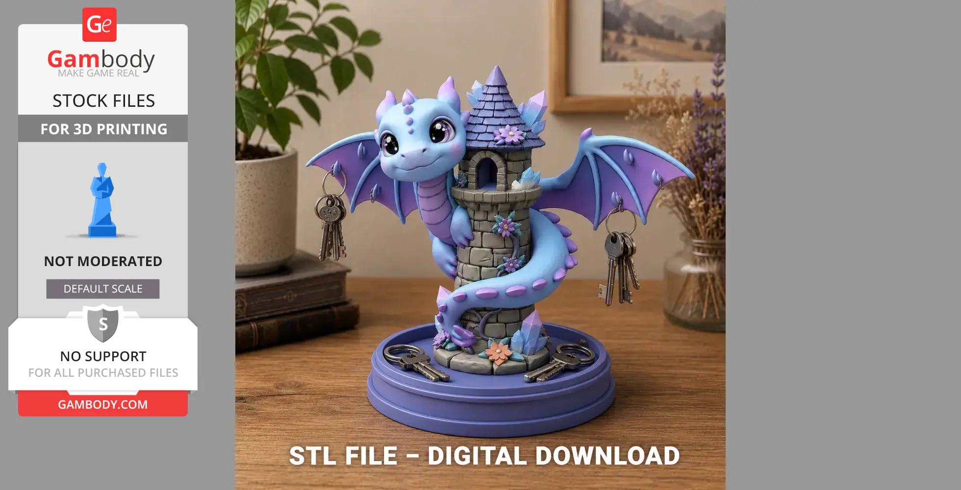 A cute dragon wraps around a castle tower, holding keys with its wings, on a decorative base.