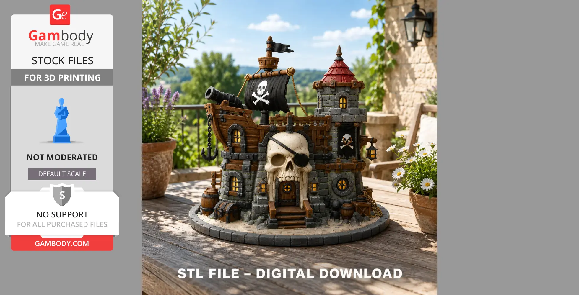 Pirate-themed fortress with skull entrance, ship details, and cannons for 3D printing.