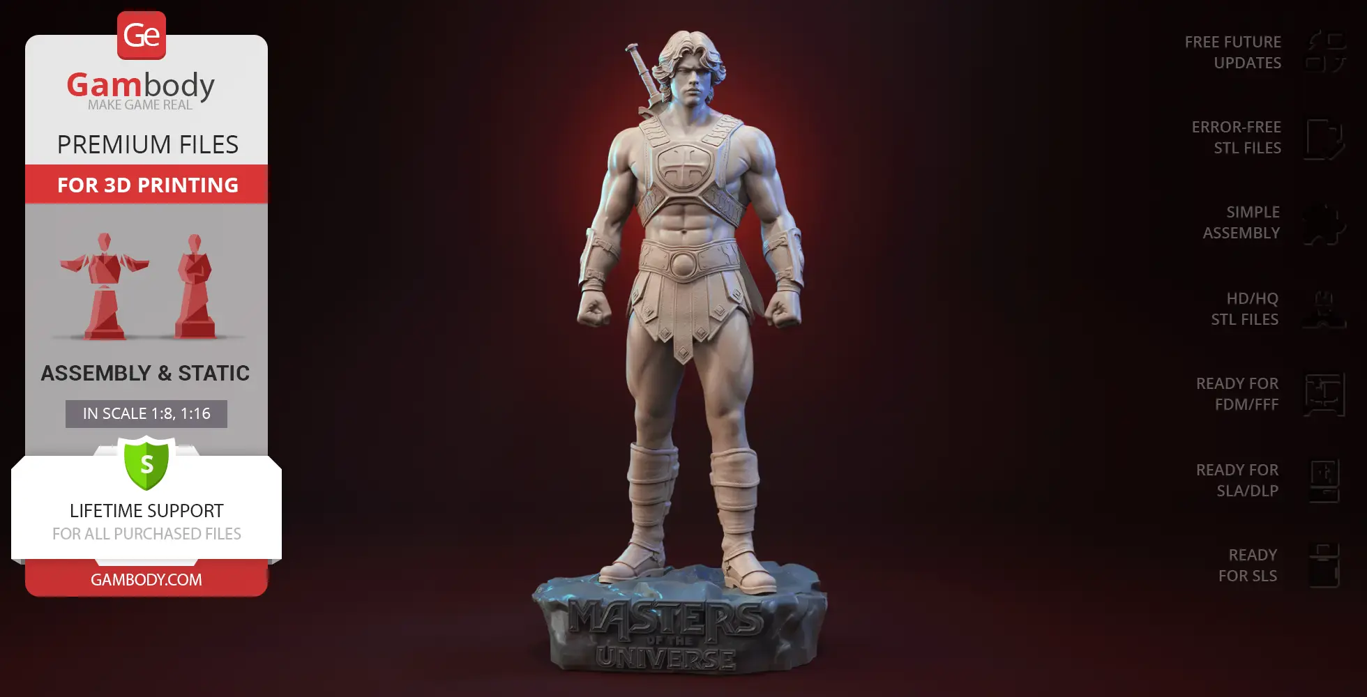 A 3D model of a muscular warrior with a sword, standing on a 'Masters of the Universe' base.