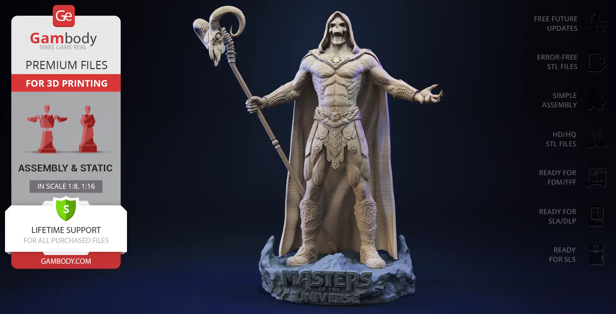 A detailed 3D model of a hooded skeleton warrior with a staff, standing on a 'Masters of the Universe' base.